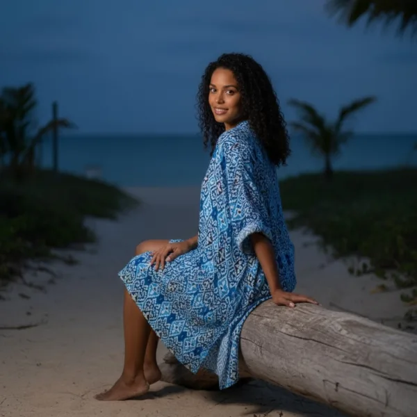 Γυναικείο καφτάνι 100% Viscose πουκαμίσα μέχρι το γόνατο με υπέροχο σχέδιο block print & έντονα χρώματα στις αποχρώσεις  του μπλέ SP262952D3