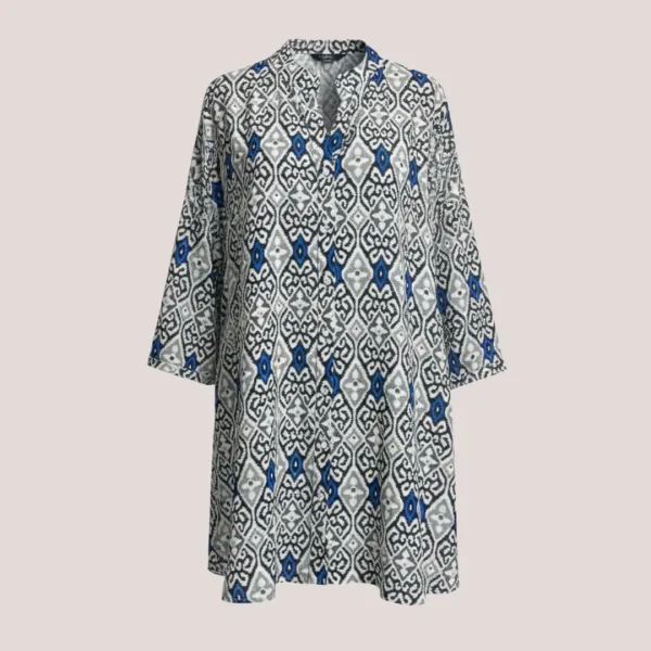Γυναικείο καφτάνι 100% Viscose πουκαμίσα μέχρι το γόνατο με υπέροχο σχέδιο block print & έντονα χρώματα στις αποχρώσεις  του μαύρο μπλέ SP262952D3
