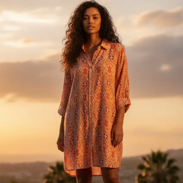 Γυναικείο καφτάνι 100% Viscose πουκαμίσα μέχρι το γόνατο με υπέροχο σχέδιο block print & έντονα χρώματα στις αποχρώσεις  του πορτοκαλί SP262952D3