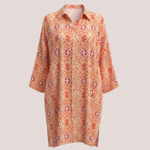 Γυναικείο καφτάνι 100% Viscose πουκαμίσα μέχρι το γόνατο με υπέροχο σχέδιο block print & έντονα χρώματα στις αποχρώσεις  του πορτοκαλί SP262952D3