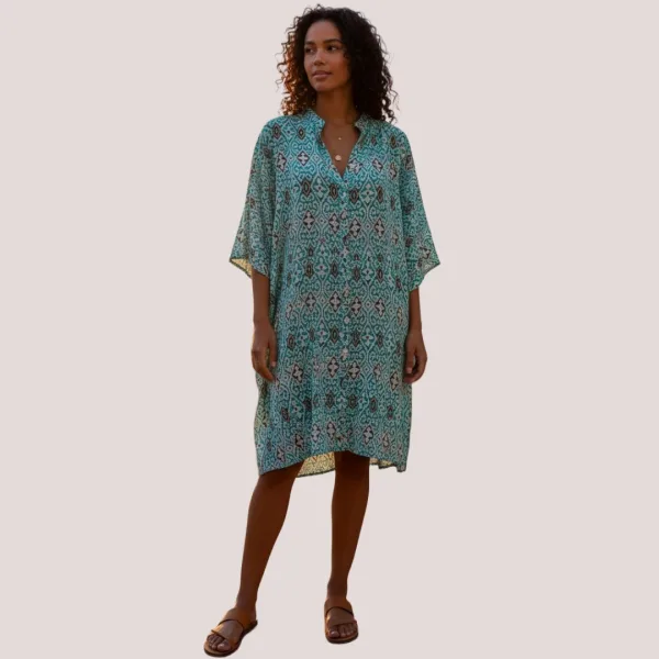 Γυναικείο καφτάνι 100% Viscose πουκαμίσα μέχρι το γόνατο με υπέροχο σχέδιο block print & έντονα χρώματα στις αποχρώσεις  του πράσινου SP262952D3