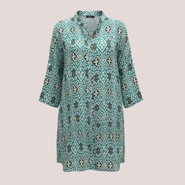 Γυναικείο καφτάνι 100% Viscose πουκαμίσα μέχρι το γόνατο με υπέροχο σχέδιο block print & έντονα χρώματα στις αποχρώσεις  του πράσινου SP262952D3