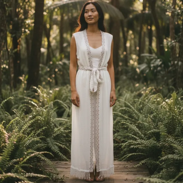 Γυναικείο Luxury Λεύκο Καφτάνι Μακρύ δετό διάτρητo ivory με φάσα μπεζ σκούρο 1464