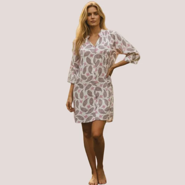 Γυναικείο λευκό καφτάνι 100% cotton πουκαμίσα μέχρι το γόνατο με βοτανικά σχέδια  φουξια magenta One size 24120