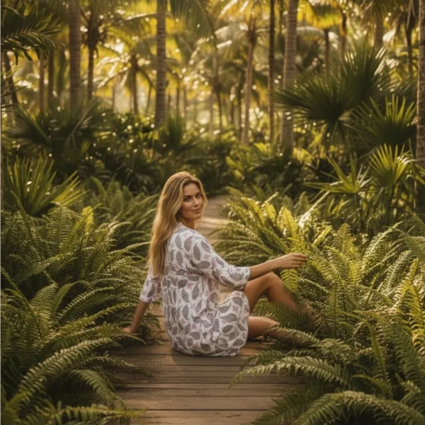 Γυναικείο λευκό καφτάνι 100% cotton πουκαμίσα μέχρι το γόνατο με βοτανικά σχέδια  φουξια magenta One size 24120