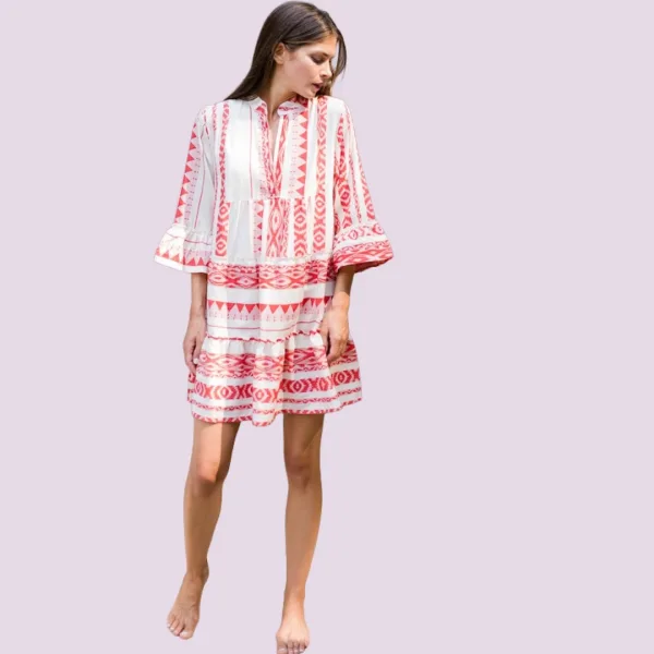 Pink Label Γυναικείο Beachwear Φόρεμα- Καφτάνι Ριγέ-Κόκκινο με μανίκια  B135