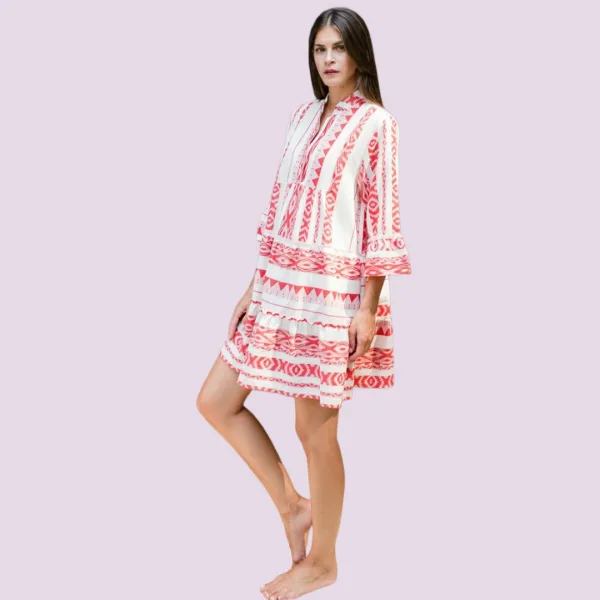 Pink Label Γυναικείο Beachwear Φόρεμα- Καφτάνι Ριγέ-Κόκκινο με μανίκια  B135