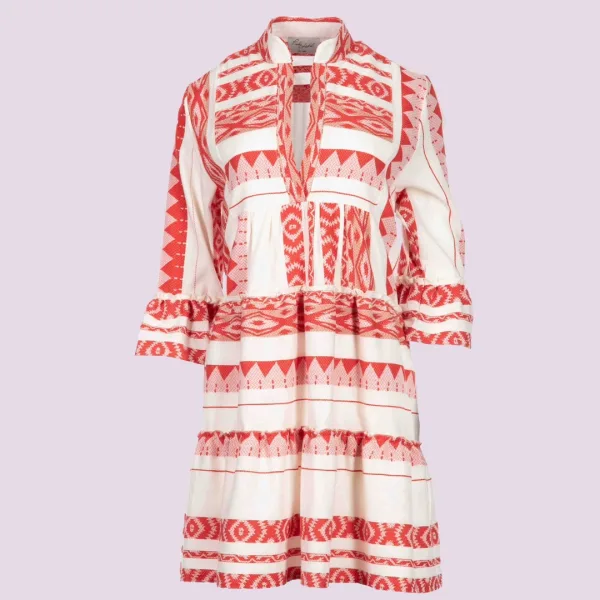 Pink Label Γυναικείο Beachwear Φόρεμα- Καφτάνι Ριγέ-Κόκκινο με μανίκια  B135