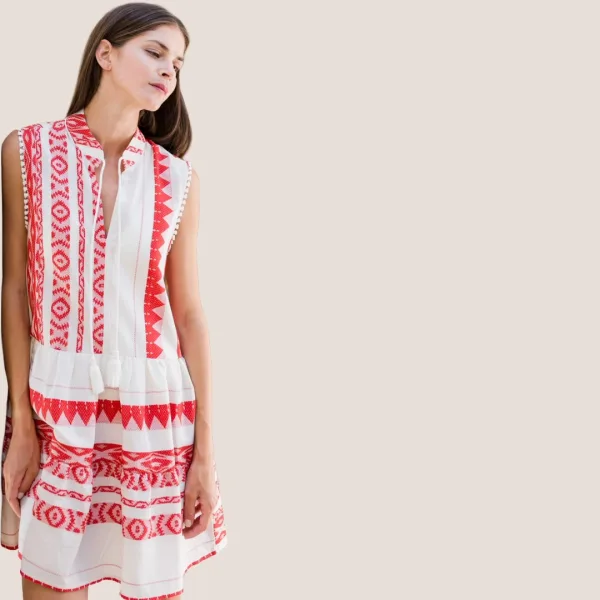 Pink Label Beachwear Φόρεμα- Καφτάνι Λευκό με κόκκινο κεντήματα B138