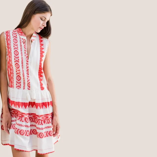 Pink Label Beachwear Φόρεμα- Καφτάνι Λευκό με κόκκινο κεντήματα B138