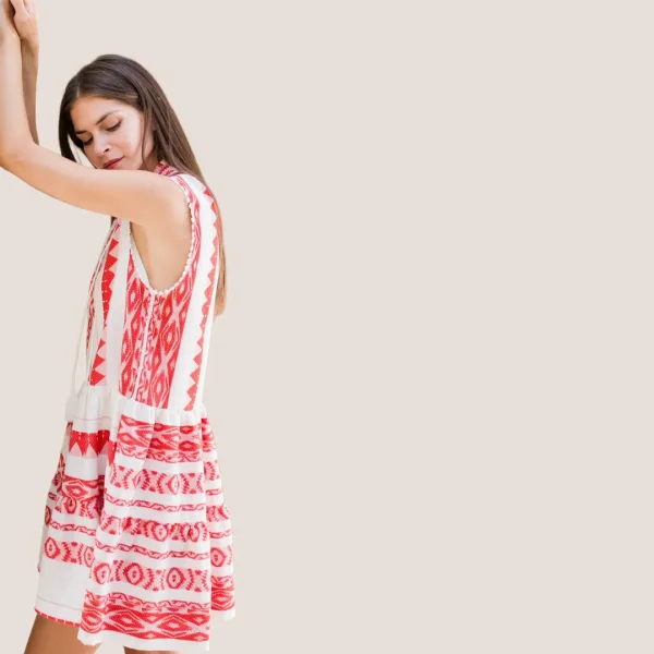 Pink Label Beachwear Φόρεμα- Καφτάνι Λευκό με κόκκινο κεντήματα B138