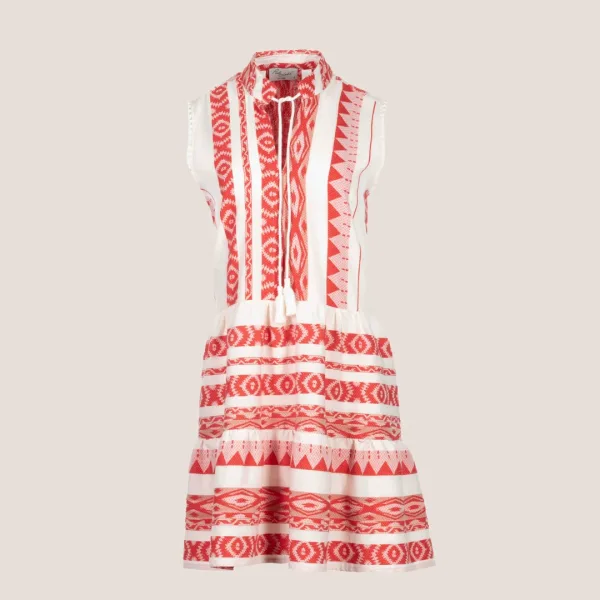 Pink Label Beachwear Φόρεμα- Καφτάνι Λευκό με κόκκινο κεντήματα B138