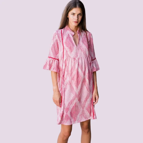 Pink Label Καφτάνι Beachwear φόρεμα V με μανίκια Viscose Κόκκινο  Red Type B146