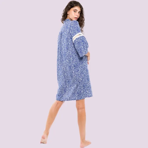 Pink Label Καφτάνι φόρεμα μπλέ με λευκά σχέδια και κέντημα με μανίκι B233