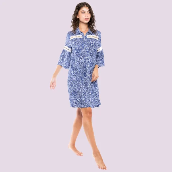 Pink Label Καφτάνι φόρεμα μπλέ με λευκά σχέδια και κέντημα με μανίκι B233