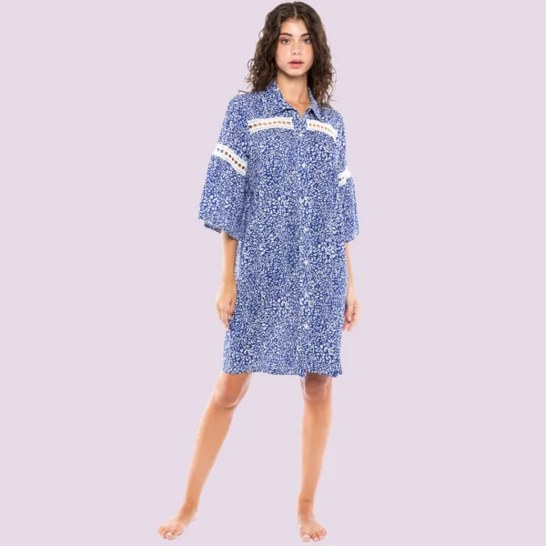 Pink Label Καφτάνι φόρεμα μπλέ με λευκά σχέδια και κέντημα με μανίκι B233