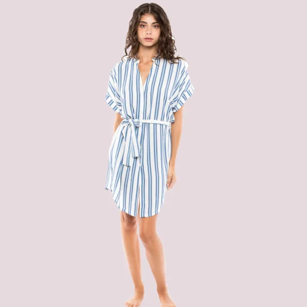 Pink Label Καφτάνι Beachwear Πουκάμισο με ρίγα navy δετό 100% cotton B312 Λευκό Μπλέ
