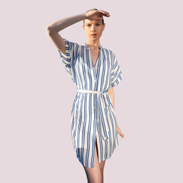 Pink Label Καφτάνι Beachwear Πουκάμισο με ρίγα navy δετό 100% cotton B312 Λευκό Μπλέ Pink Label Καφτάνι Beachwear Πουκάμισο με ρίγα navy δετό 100% cotton B312 Λευκό Μπλέ