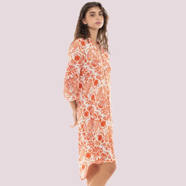 Pink Label Καφτάνι Beachwear Πουκάμισα φόρεμα Πορτοκαλί φλοράλ  100% Viscose B382