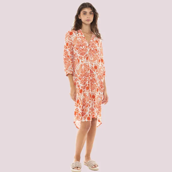 Pink Label Καφτάνι Beachwear Πουκάμισα φόρεμα Πορτοκαλί φλοράλ  100% Viscose B382
