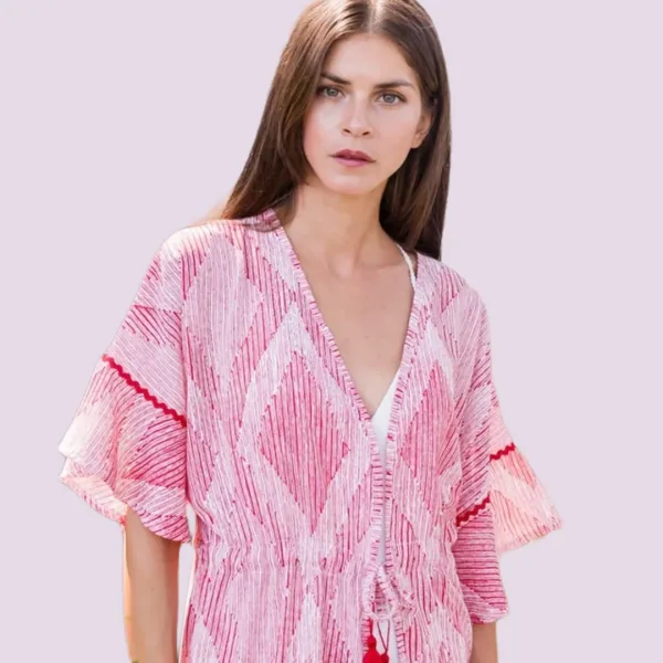 Pink Label Γυναικείο Καφτάνι κοντό δετό Beachwear Κόκκινο Red Type B148 