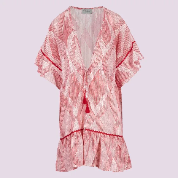 Pink Label Γυναικείο Καφτάνι κοντό δετό Beachwear Κόκκινο Red Type B148 