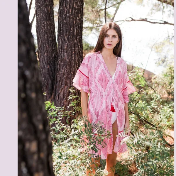 Pink Label Γυναικείο Καφτάνι κοντό δετό Beachwear Κόκκινο Red Type B148 