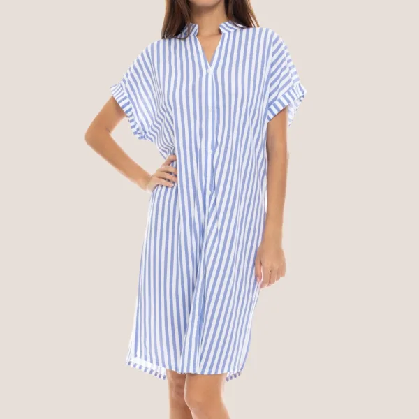 Pink Label Καφτάνι Beachwear Πουκάμισα φόρεμα Ριγέ -Μπλέ  S1345