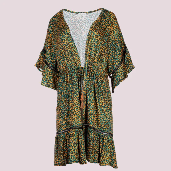 Pink Label Καφτάνι Beachwear Leopard Πράσινο ανοιχτό δετό Green Type B184 100% Viscose