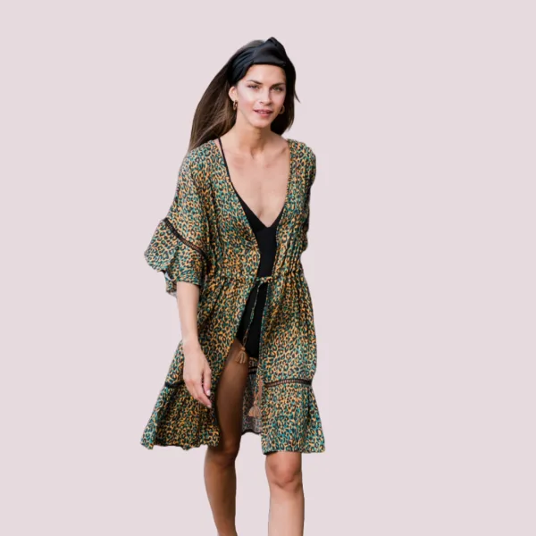 Pink Label Καφτάνι Beachwear Leopard Πράσινο ανοιχτό δετό Green Type B184 100% Viscose