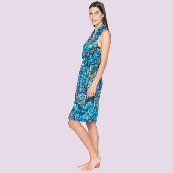 Luna Γυναικείο Floral Μπλέ μακρύ καφτάνι με κουμπιά & ζώνη summer collection Jasmin 94010