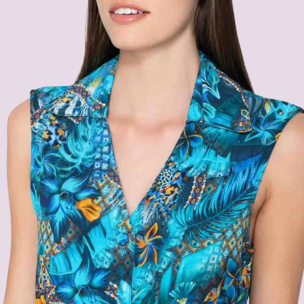 Luna Γυναικείο Floral Μπλέ μακρύ καφτάνι με κουμπιά & ζώνη summer collection Jasmin 94010