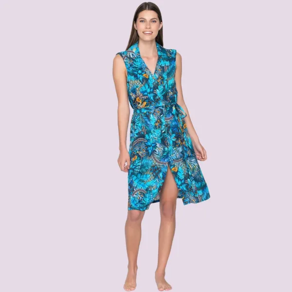 Luna Γυναικείο Floral Μπλέ μακρύ καφτάνι με κουμπιά & ζώνη summer collection Jasmin 94010