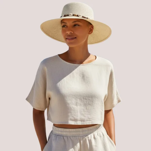 Γυναικείο Καπέλο μοντέρνο Ψάθινο σε μπεζ χρώμα διακοσμημένο με χάντρες & κοχύλια 35381 UV Protection