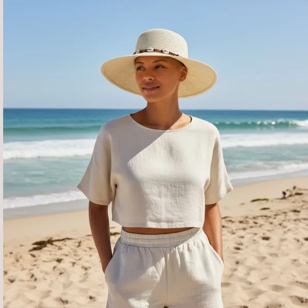 Γυναικείο Καπέλο μοντέρνο Ψάθινο σε μπεζ χρώμα διακοσμημένο με χάντρες & κοχύλια 35381 UV Protection