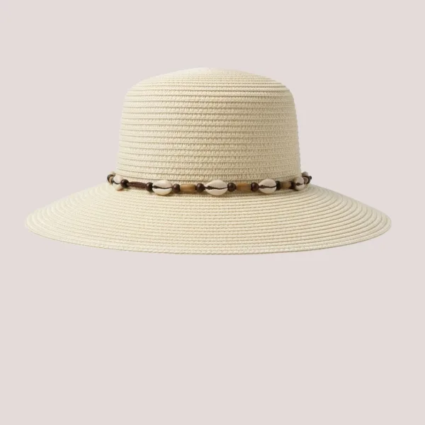 Γυναικείο Καπέλο μοντέρνο Ψάθινο σε μπεζ χρώμα διακοσμημένο με χάντρες & κοχύλια 35381 UV Protection