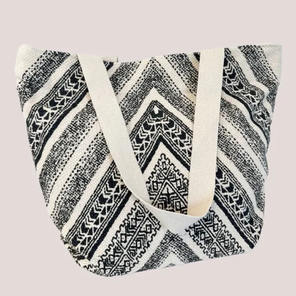  Γυναικεία τσάντα θαλάσσης Μεγάλη  Μπέζ με μαύρο  με σχέδια και φερμουάρ  BK-252 Black