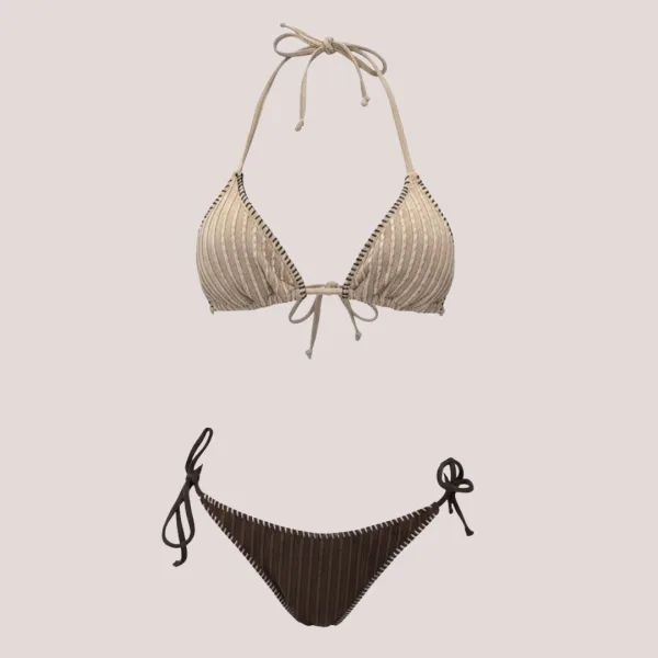 Modern Ocean Γυναικείο Set Bikini Τριγωνάκ ανάγλυφο ανοιχτό καφέ με σκουρες καφέ ραφές & σκούρο καφέ σλιπ brazil δετό με λευκές ραφές 1618 brown & light brown