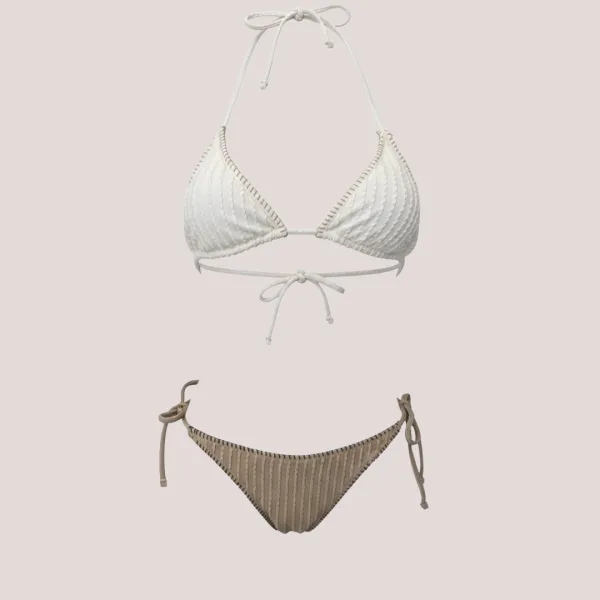 Modern Ocean Γυναικείο Set Bikini Τριγωνάκ ανάγλυφο λευκό με καφέ ραφές & σκούρο καφέ σλιπ brazil δετό με ραφές 1618 ivory & brown