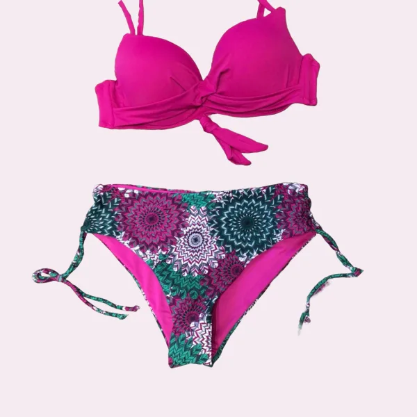 Modern Ocean Γυναικείο Set Bikini σουτιέν μονόχρωμο Φούξια με ενίσχυση & ψηλόμεσο πολύχρωμο Boho σλιπ με σούρες C-6111 Μεγάλα μεγέθη