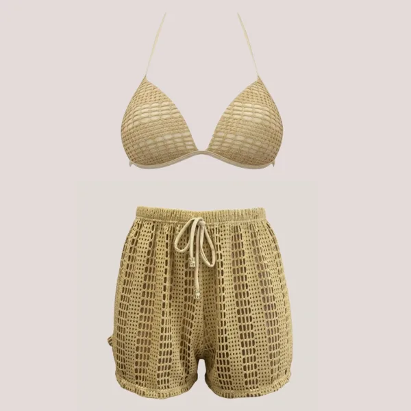 Modern Ocean Γυναικείο Set Bikini Χρυσό πλεκτό glitter Gold Push up τρίγωνο & slip με χρυσό διάτρητο σορτς C-6301