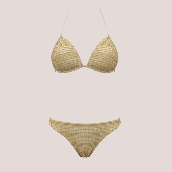 Modern Ocean Γυναικείο Set Bikini Χρυσό πλεκτό glitter Gold Push up τρίγωνο & slip με χρυσό διάτρητο σορτς C-6301
