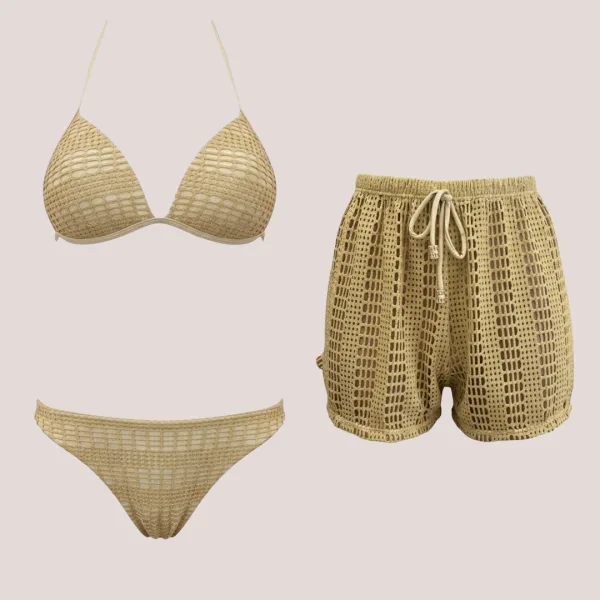 Modern Ocean Γυναικείο Set Bikini Χρυσό πλεκτό glitter Gold Push up τρίγωνο & slip με χρυσό διάτρητο σορτς C-6301