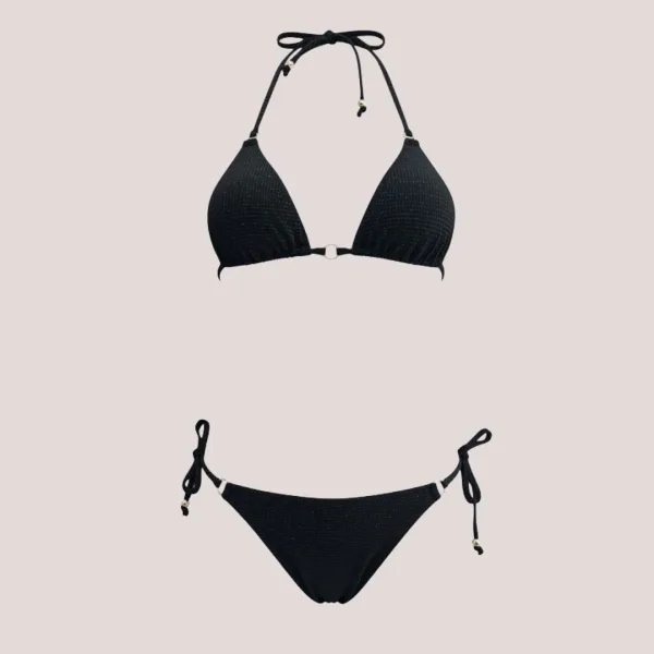 Modern Ocean Γυναικείο Set Bikini Τριγωνάκι μαύρο με ασημοκλωστή & δετό brazil C-6025BLACK