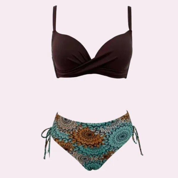 Modern Ocean Γυναικείο Set Bikini σουτιέν μονόχρωμο καφέ με ενίσχυση & ψηλόμεσο πολύχρωμο Boho σλιπ με σούρες C-6111 Μεγάλα μεγέθη