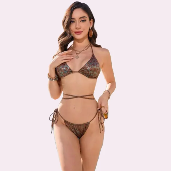 Modern Ocean Γυναικείο Set Bikini Ιριδίζον  τρίγωνο & Δετό σλιπ C-6150 BROWN