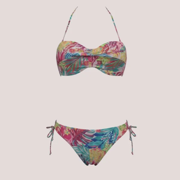 Modern Ocean Γυναικείο Set Bikini Strapless Push up δετό & ψηλόμεσο tropical σχέδιο ροζ φούξια γκλίτερ με πράσινους & κίτρινους χρωματισμούς C-6224
