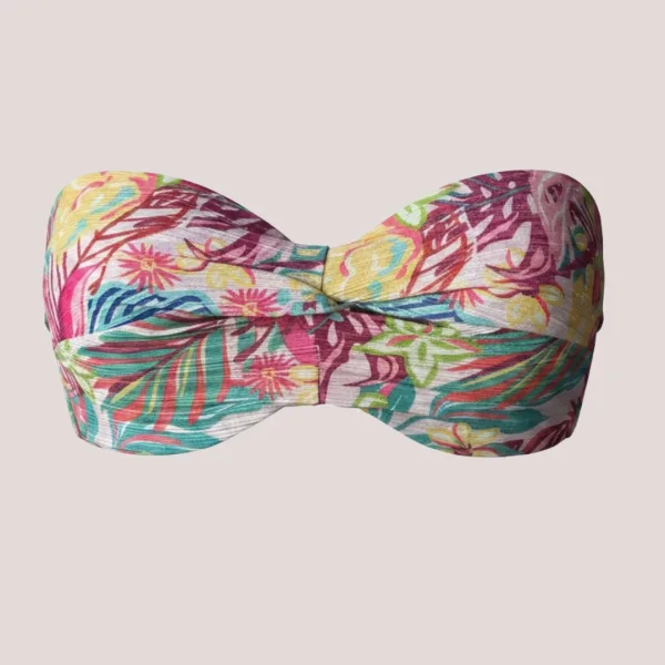 Modern Ocean Γυναικείο Set Bikini Strapless Push up δετό & ψηλόμεσο tropical σχέδιο ροζ φούξια γκλίτερ με πράσινους & κίτρινους χρωματισμούς C-6224