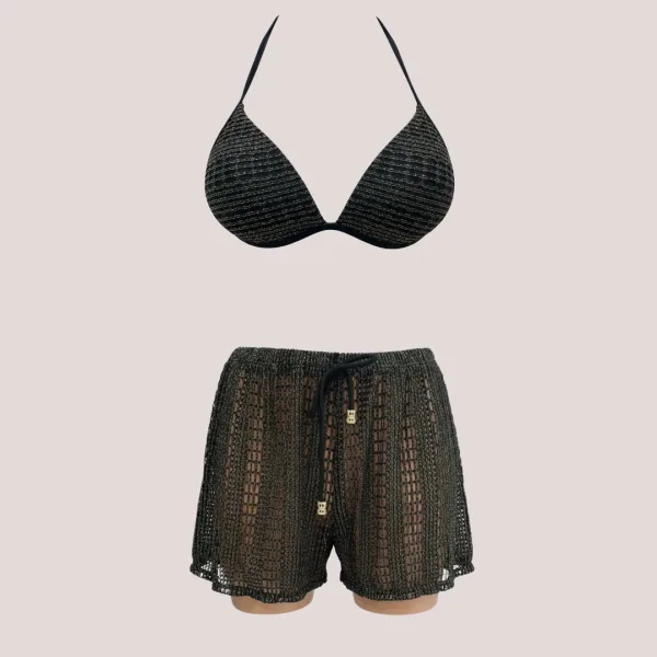 Modern Ocean Γυναικείο Set Bikini μαύρο πλεκτό με χρυσό glitter Push up τρίγωνο & slip με διάτρητο σορτς C-6301 Black Gold