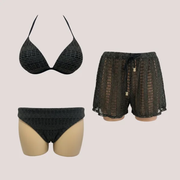 Modern Ocean Γυναικείο Set Bikini μαύρο πλεκτό με χρυσό glitter Push up τρίγωνο & slip με διάτρητο σορτς C-6301 Black Gold